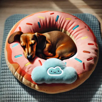 A dachshund sleeping calmly in a donut with a cloud shaped pillow