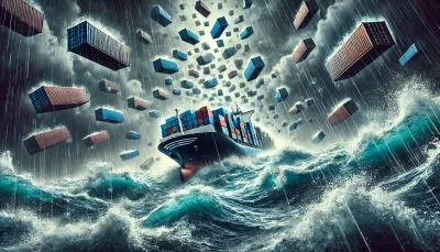 A ship loaded with containers and a lot of containers flying in the air