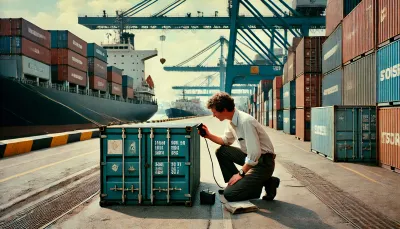 A man probing a container in a ship dock